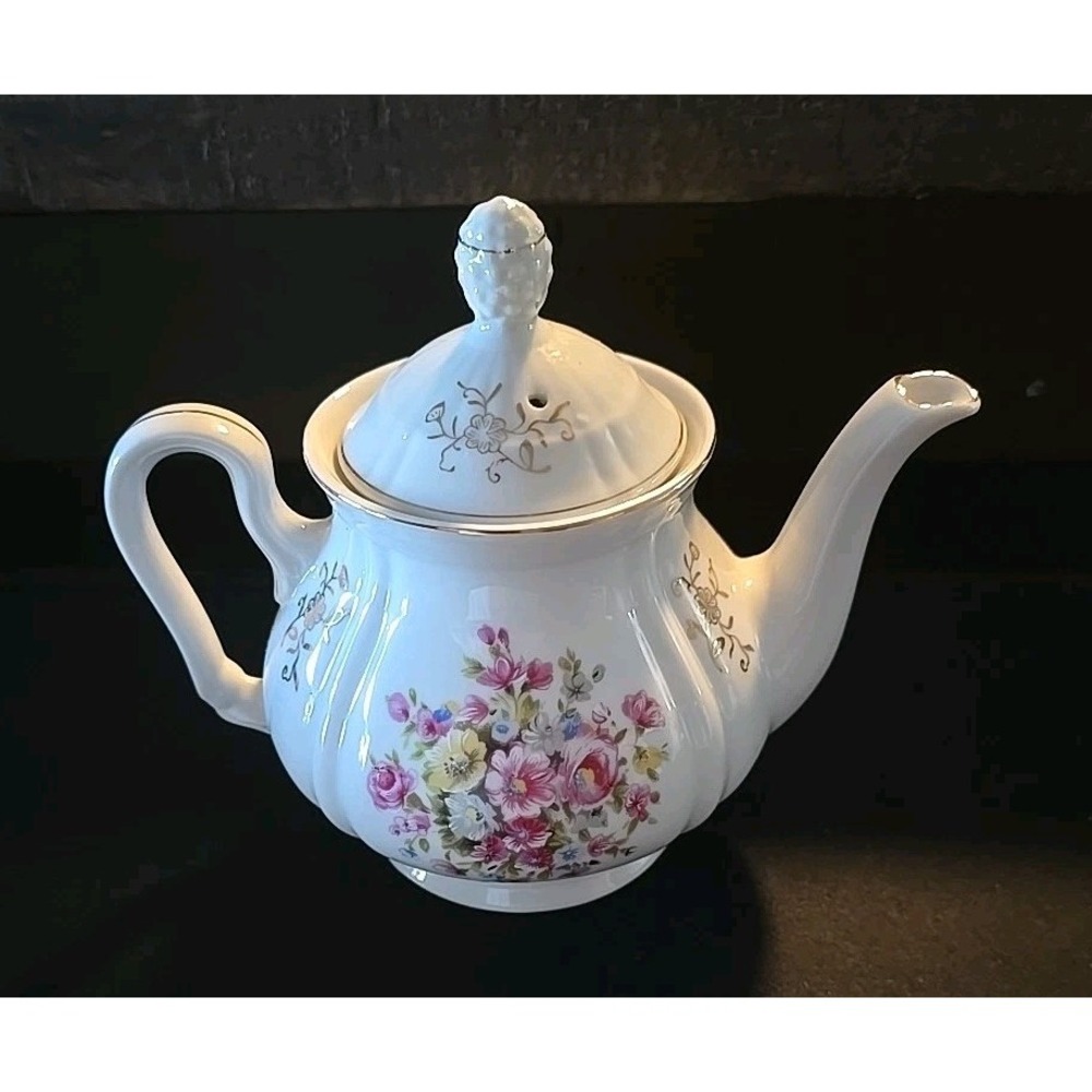 Enesco Vintage Ceramic Teapot‎ - Made in Japan - Pink and yellow flowers / gold